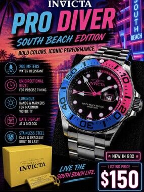 Invicta Pro Diver South Beach Edition Watch - Blue & Pink Bezel